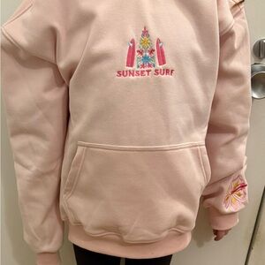 Sunset Surf Pink Embroidered Women's Sweatshirt Hoodie Hibiscus